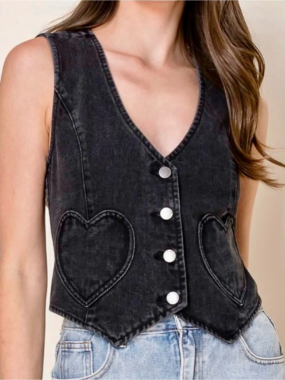 Ashley Vintage Charm Denim Heart Pocket Fitted Vest Washed Black M Festival Boho
